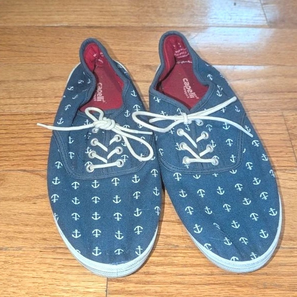 Nautical Coastal Anchor Print Sailor Lace Up Flat Sneakers size 11